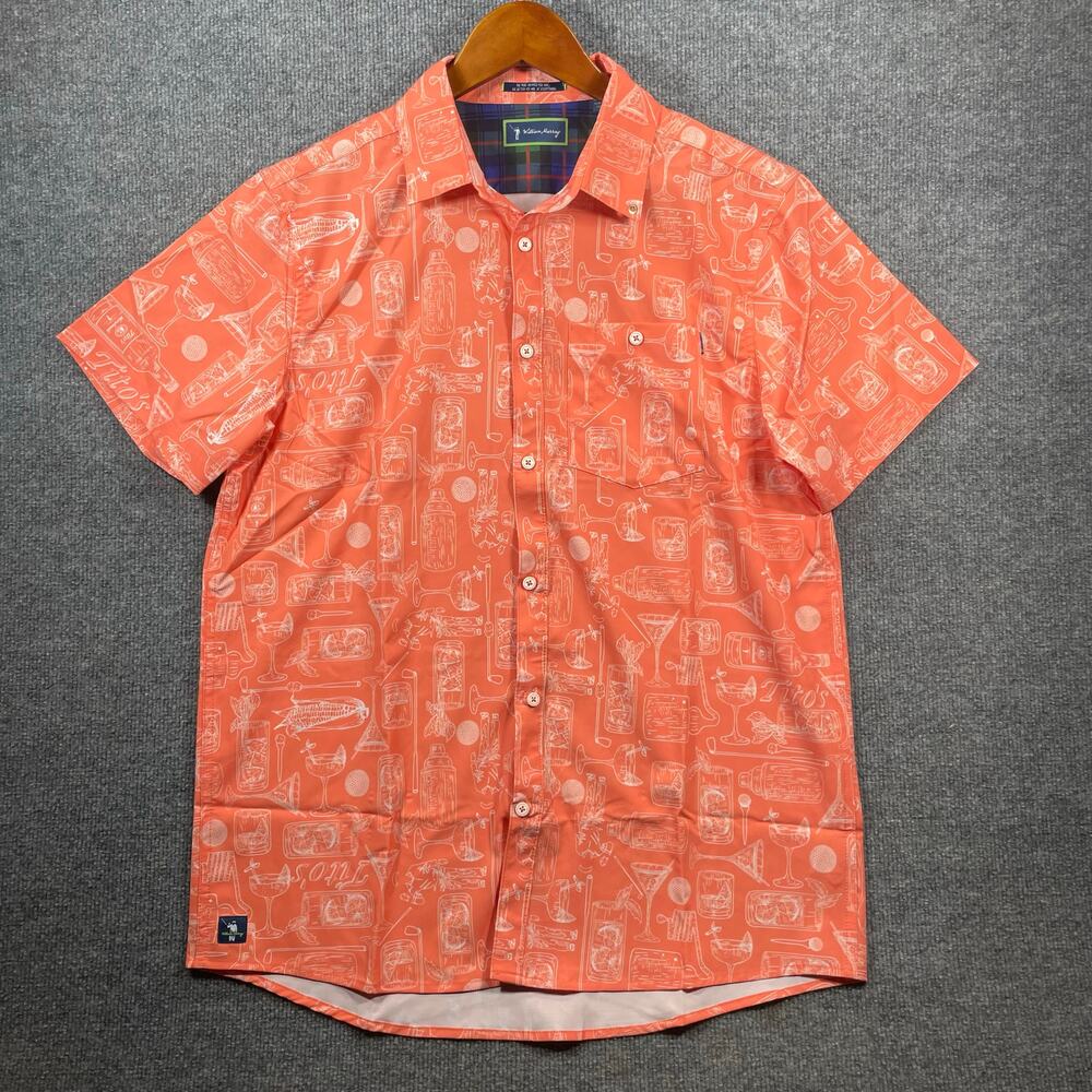 William Murray Button Up Golf Shirt Men's M Orange Tito's Geometric Allover